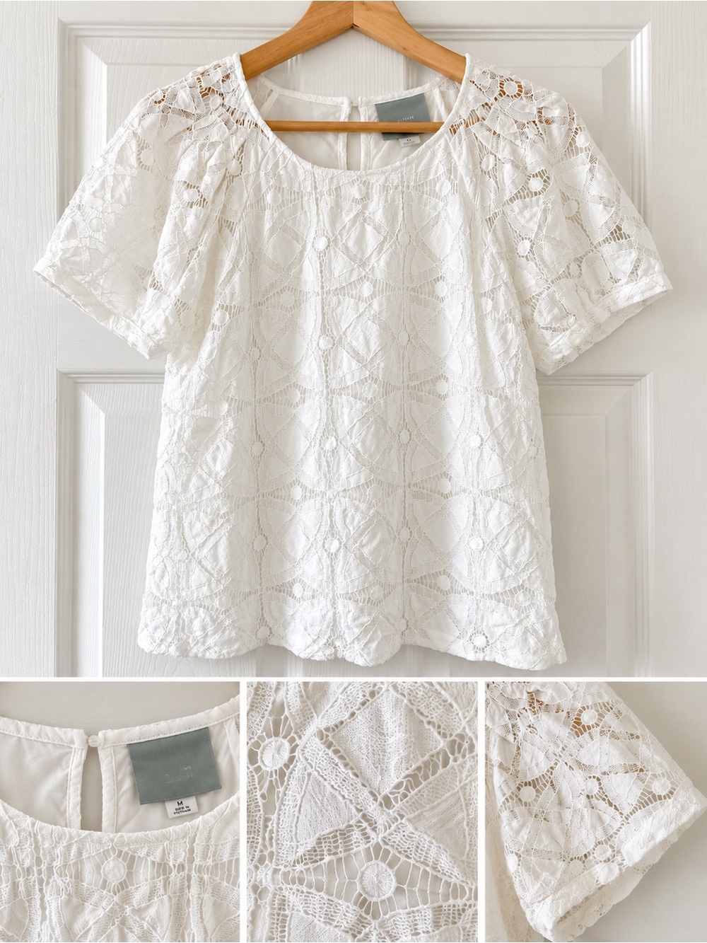 Anthropologie Maeve White Lace Short-Sleeve Crochet Blouse